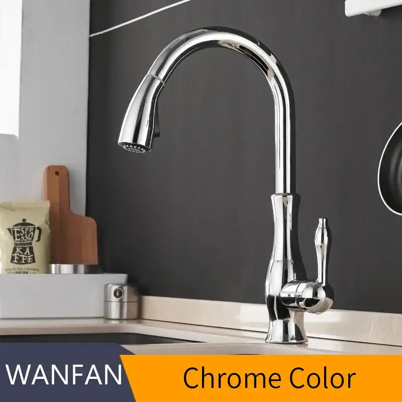 Modern gold single handle pull out kitchen faucet with chrome finish, sleek arched spout, and pull-down spray head
