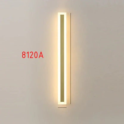 Modern gold slim led wall lamp with minimalist rectangular design emitting warm white light for outdoor use decorbites led wall
