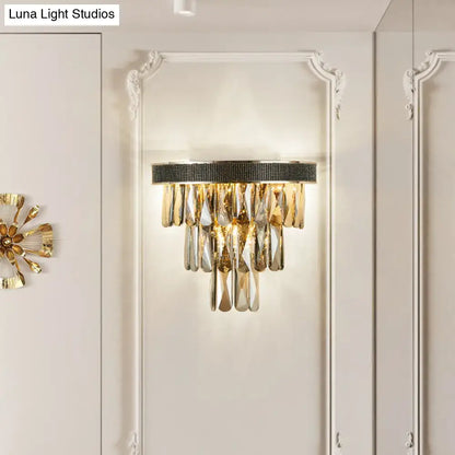 Modern gold smoke grey crystal block wall lamp with elegant gold-toned crystal chandelier and black beaded top 220v-240v 110v-120v