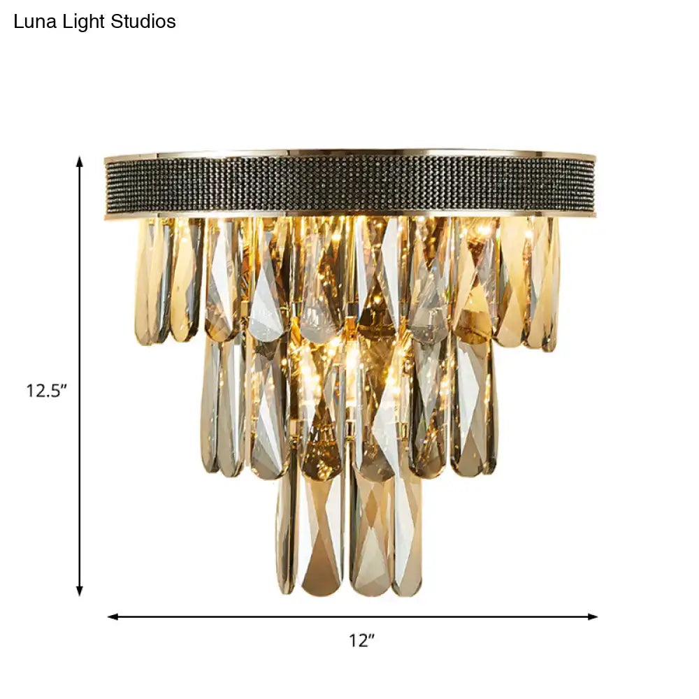 Modern gold smoke grey crystal block wall lamp with gold-toned crystal chandelier and textured black beaded base 220v-240v 110v-120v