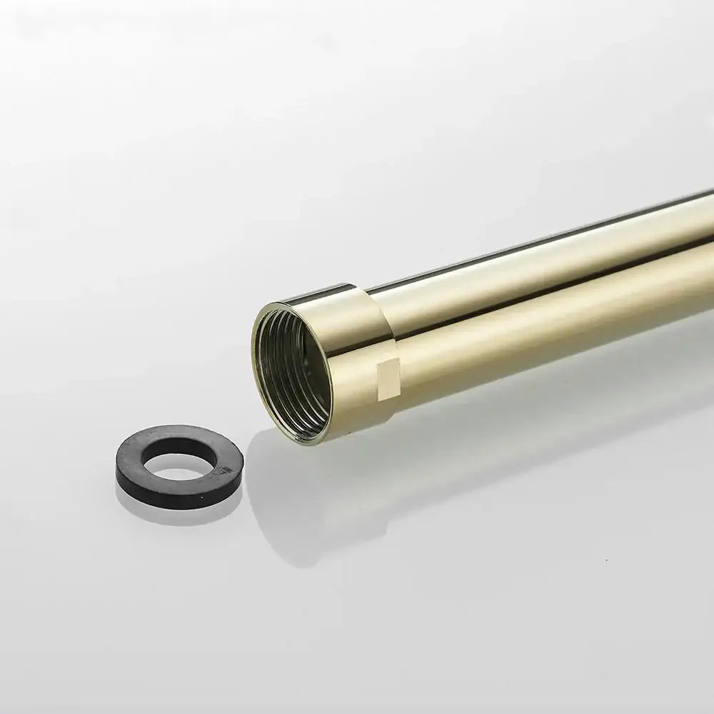 A sleek modern gold solid brass extension tube arm with threaded end and black rubber gasket for bathroom use