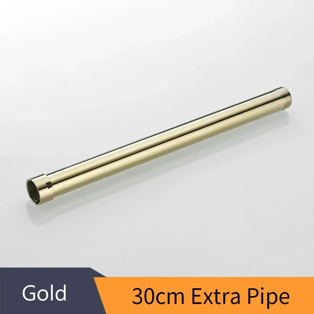 Modern gold solid brass extension tube arm with sleek metallic finish and threaded ends for bathroom use, 30cm length