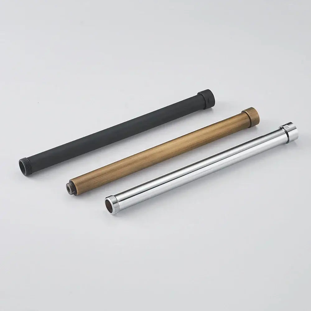 Modern gold solid brass extension tube arm with black matte, natural wood grain, and polished chrome finishes