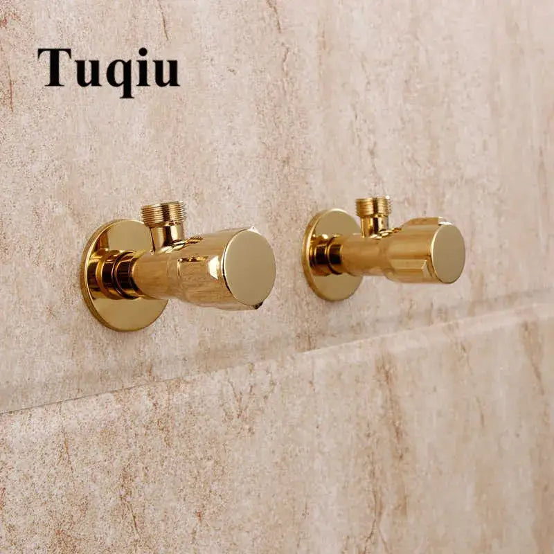 Modern gold solid brass triangle valve bathroom faucet fixture featuring tuqiu gold-finished wall-mounted angle valves