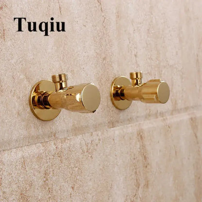 Modern gold solid brass triangle valve bathroom faucet fixture featuring tuqiu gold-finished wall-mounted angle valves