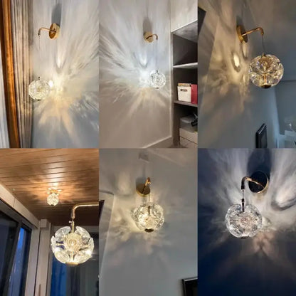 Modern gold spherical crystal pendant chandelier with clear faceted globe diffusing warm light radiant patterns