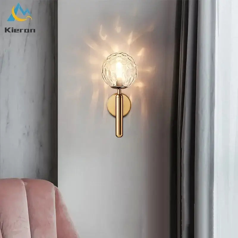 Modern gold spherical frosted glass led wall lamp with faceted crystal globe shade for bedroom wall lamps