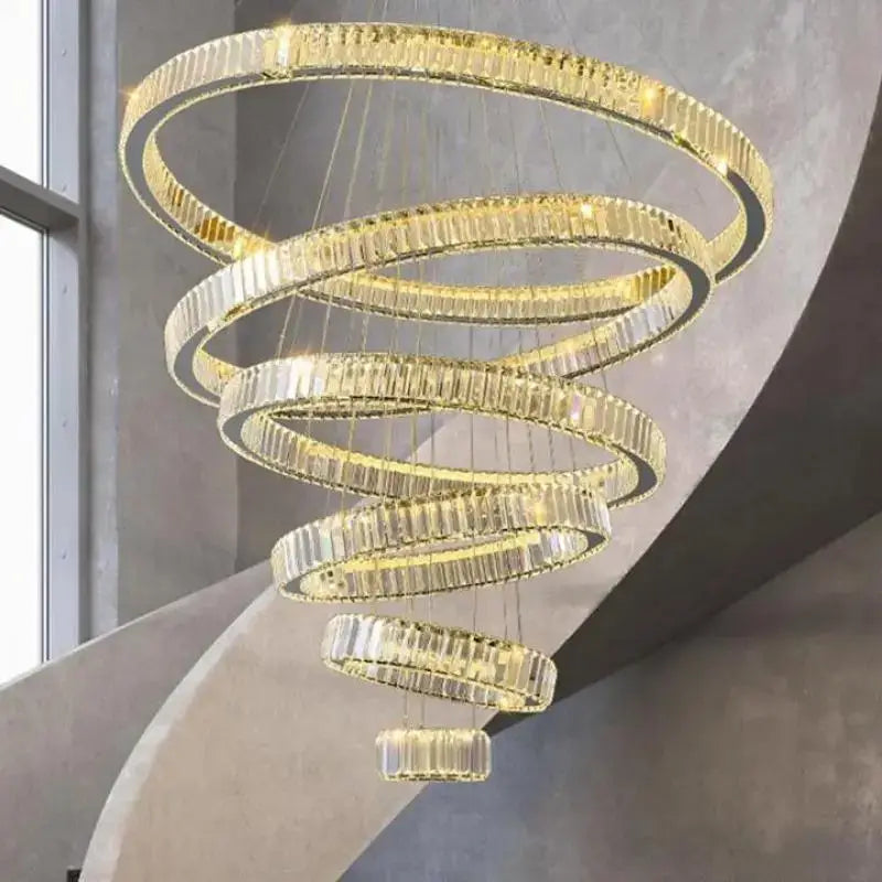 Modern gold spiral circle led chandelier with faceted crystal rings and embedded lights for living room decorbites crystal circle