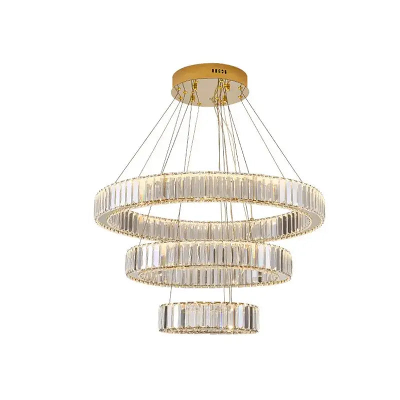 Modern gold spiral crystal circle led chandelier featuring three concentric rings of decorbites crystal circle segments