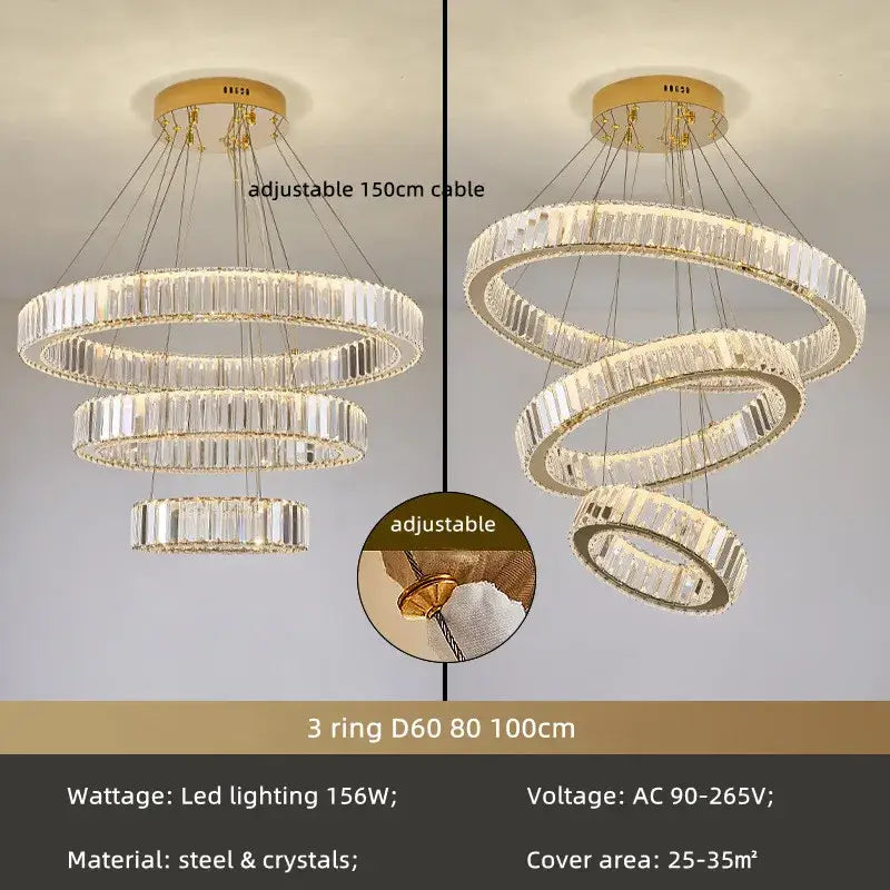 Modern gold spiral crystal circle led chandelier featuring three interlocking rings from decorbites crystal circle collection