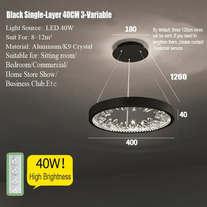 Modern gold spiral crystal led chandelier featuring a black 40cm circular frame with k9 crystal accents decorbites crystal led