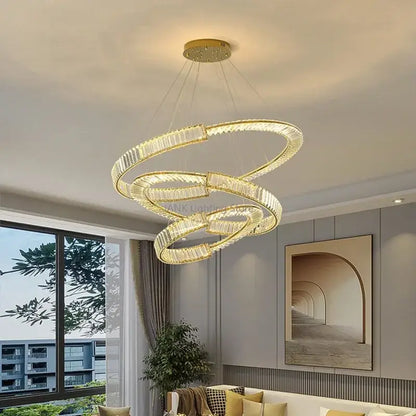 Modern gold spiral crystal led pendant chandelier with crystal encrusted rings for elegant dining room decorbites crystal led