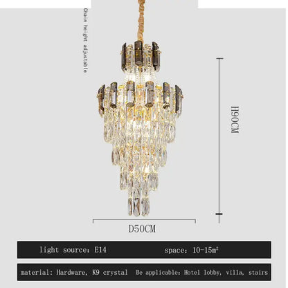 Modern gold spiral decorbites crystal chandelier pendant light with tiered k9 crystal prisms and dark metallic accents
