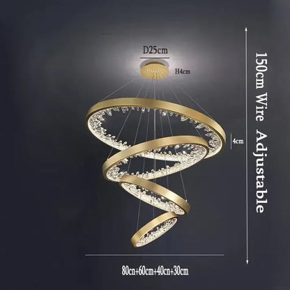 Modern gold spiral decorbites crystal led chandelier with concentric rings and sparkling crystals for dining room light