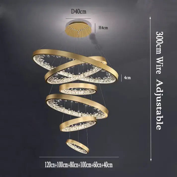 Modern gold spiral decorbites crystal led chandelier with concentric rings and sparkling crystals for dining room light