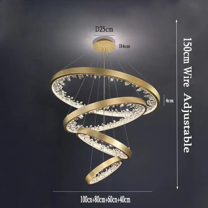 Modern gold decorbites crystal led chandelier with spiral concentric rings and sparkling crystal accents for dining room