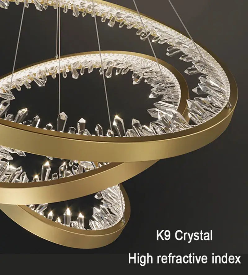 Modern gold spiral decorbites crystal led chandelier with gold-toned double-ring and sparkling k9 crystals for dining room
