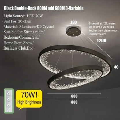 Black double-deck decorbites crystal led chandelier with interlocking rings and sparkling k9 crystal accents for dining rooms