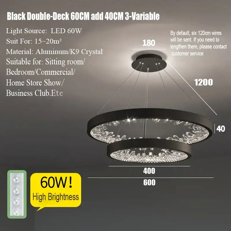 Black double-deck decorbites crystal led chandelier with k9 crystal accents and aluminum frame for dining room light