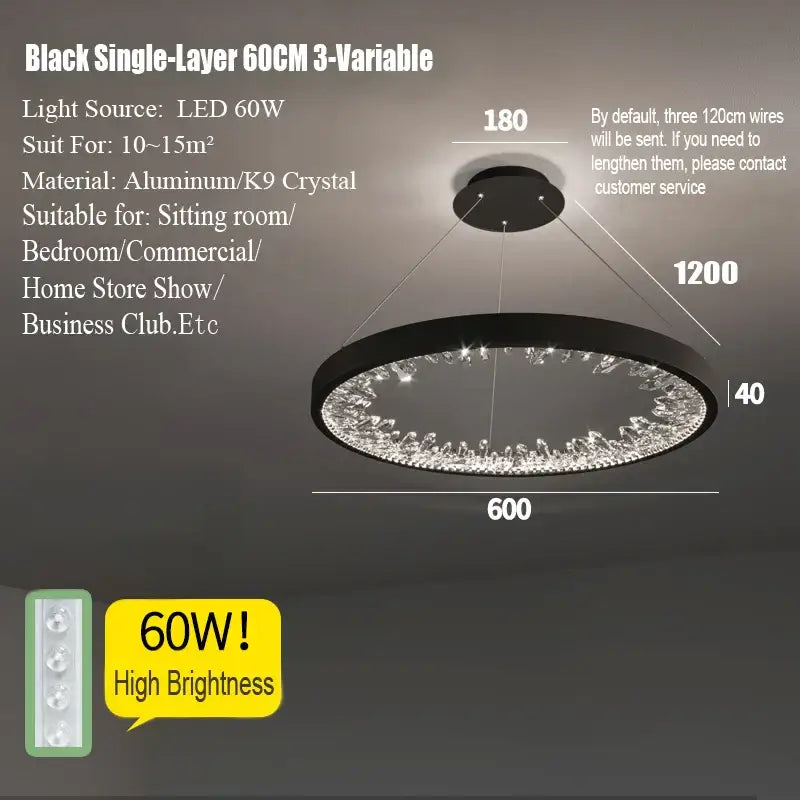 Black single-layer 60cm decorbites crystal led chandelier with aluminum frame and k9 crystal accents for dining room light