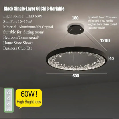 Black single-layer 60cm decorbites crystal led chandelier with aluminum frame and k9 crystal accents for dining room light