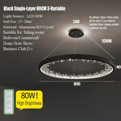 Modern gold spiral decorbites crystal led chandelier with black circular frame and k9 crystal accents for dining room light