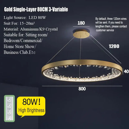 Modern gold single-layer circular decorbites crystal led chandelier with embedded k9 crystal beads for dining room lighting