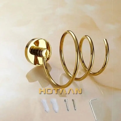 Modern gold spiral hair dryer holder with circular mounting plate designed as an anti rust bathroom dryer holder