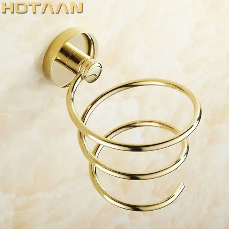 Modern gold spiral hair dryer holder with sleek metallic finish and circular base for bathroom anti rust dryer holder