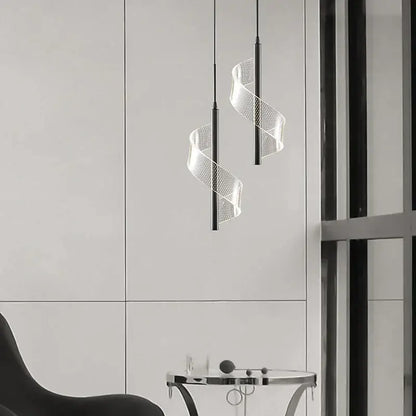 Modern gold spiral pendant light with transparent perforated aluminum alloy mesh and black rods for dining room light source
