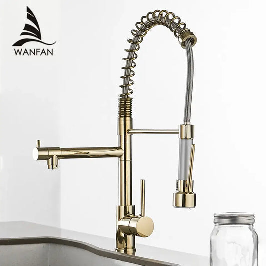 Modern gold spring spout kitchen faucet with flexible spring-coiled spout and pull out spray head by decorbites gold spring