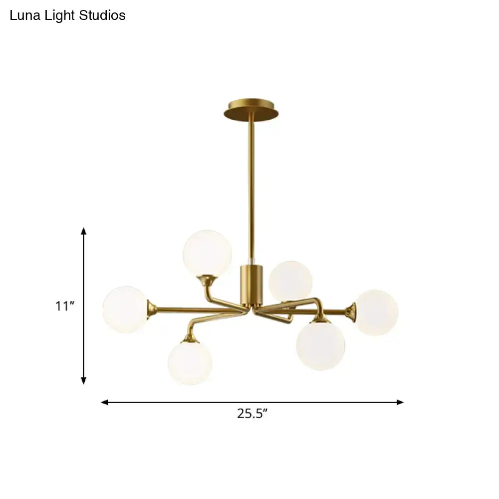 Decorbites gold metal sputnik chandelier with six frosted white glass shades for modern living room lighting