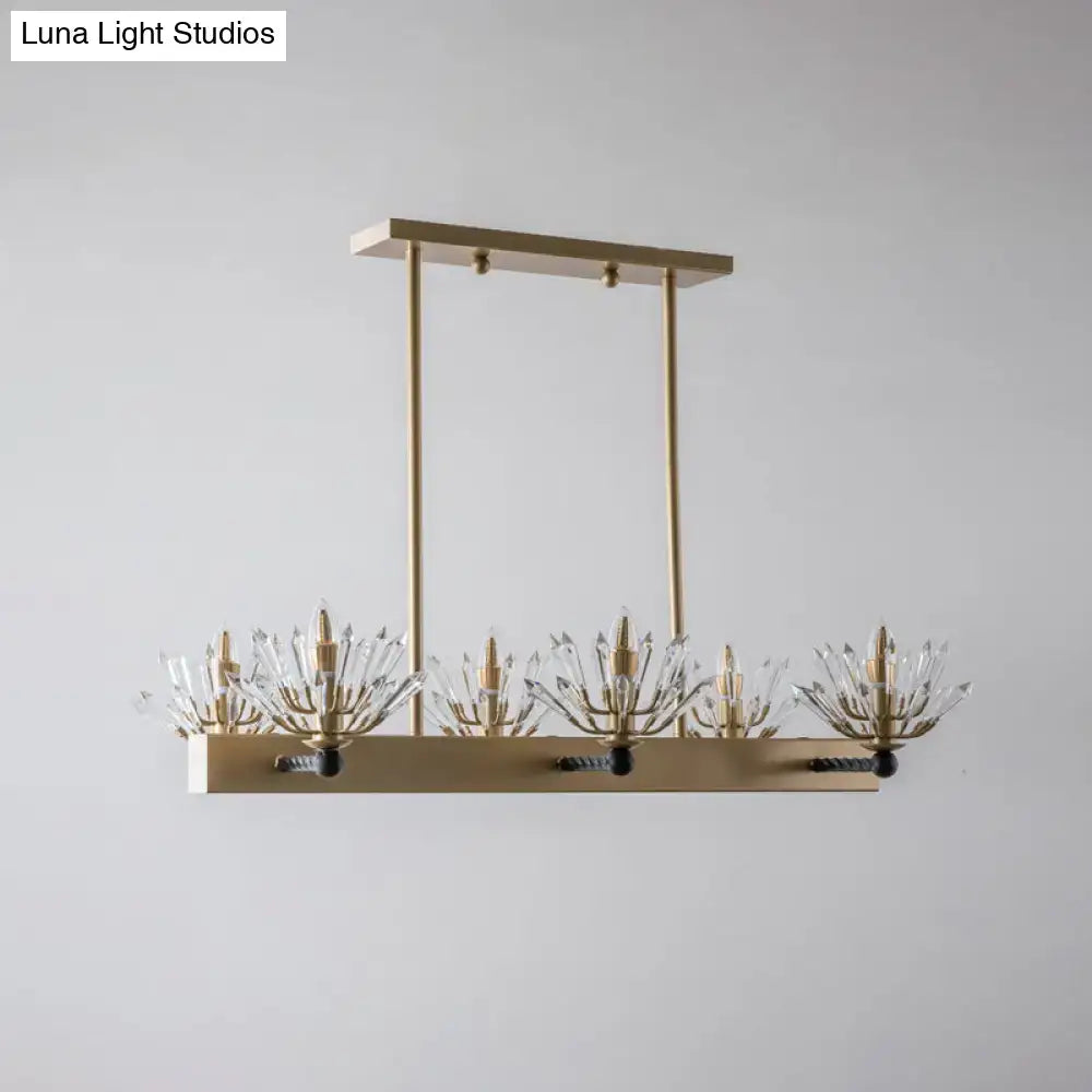 Decorbites modern gold-toned sputnik island light with four crystal-encrusted flower light fixtures on metal frame