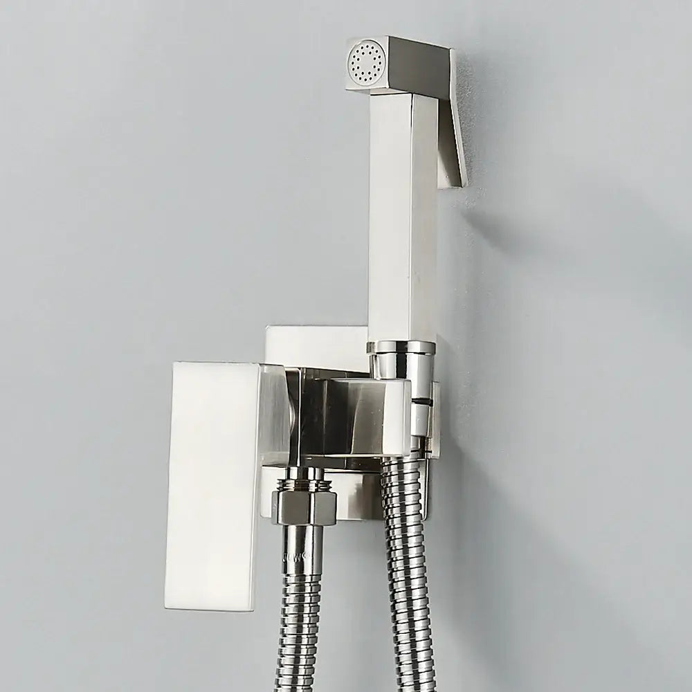 Modern gold square bidet shower faucet with sleek metallic finish wall mounted spray and flexible hose