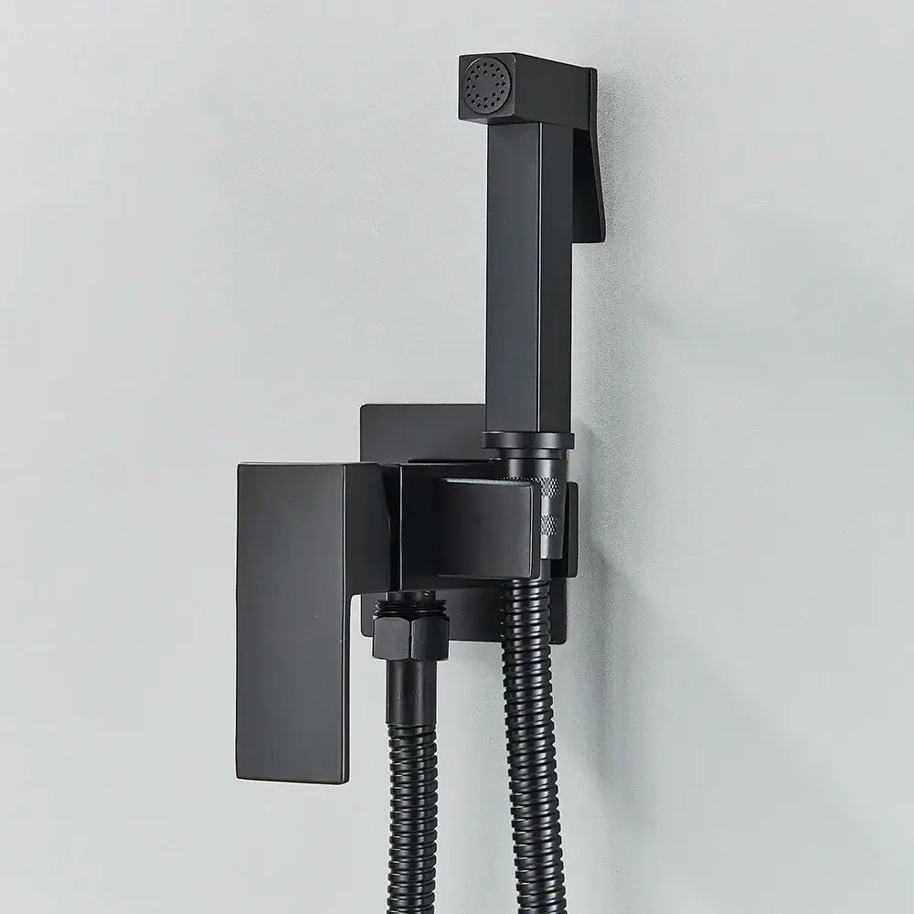 Modern gold square bidet shower faucet with black matte wall-mounted bidet shower and flexible hose design
