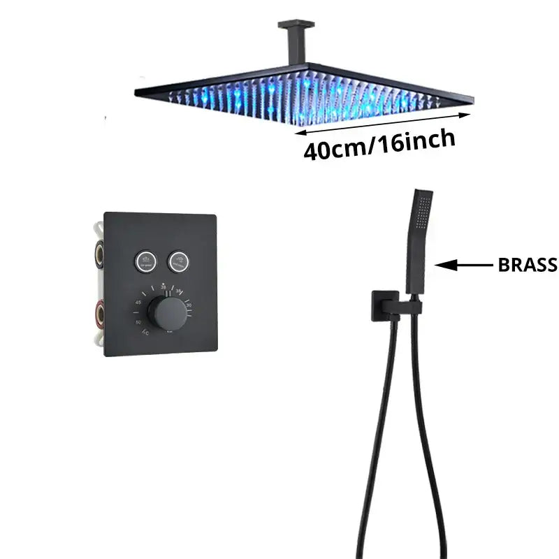 Black square shower faucet mixer with 40cm blue led rainfall showerhead in modern gold faucet mixer set