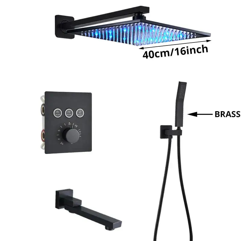 Modern gold shower faucet mixer set with black square 40cm rainfall showerhead and blue led lighting