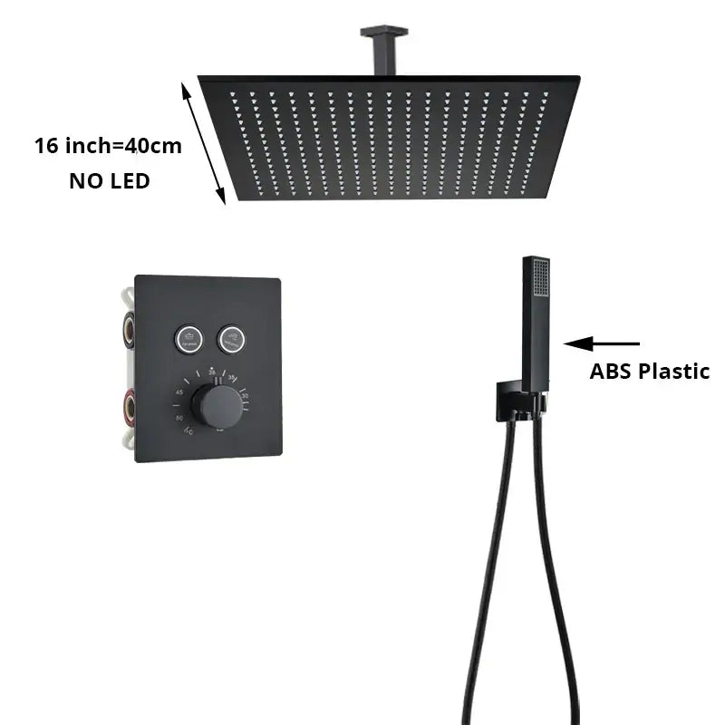 Black matte 16 inch square rain shower head with small nozzles for modern gold shower faucet mixer set bathroom