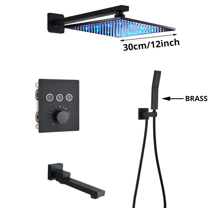 Black square rainfall shower faucet mixer set with blue led lighting for modern bathroom shower faucet mixer installation