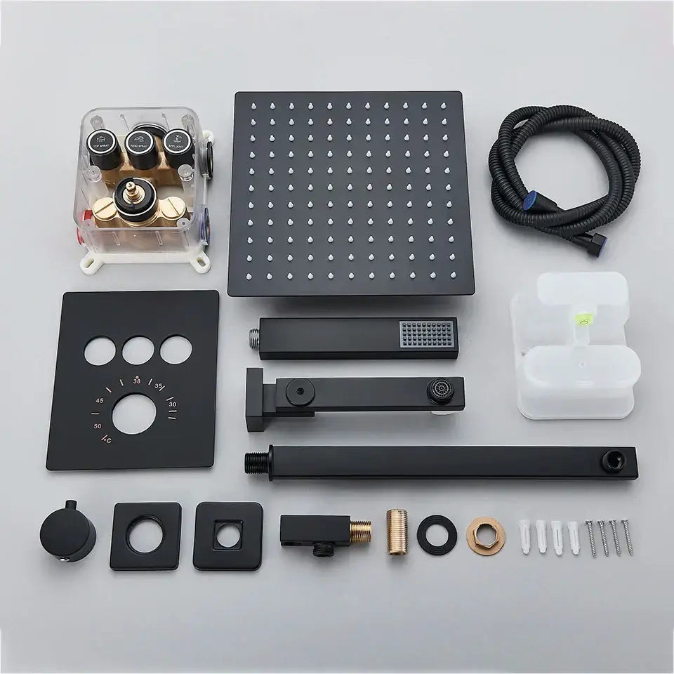 Modern gold square rainfall shower faucet mixer set with black matte square shower faucet mixer panel and nozzles