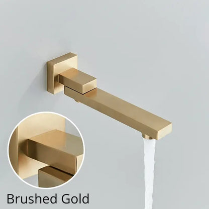 Brushed gold modern wall-mounted shower faucet mixer with sleek rectangular spout and square base for bathroom use