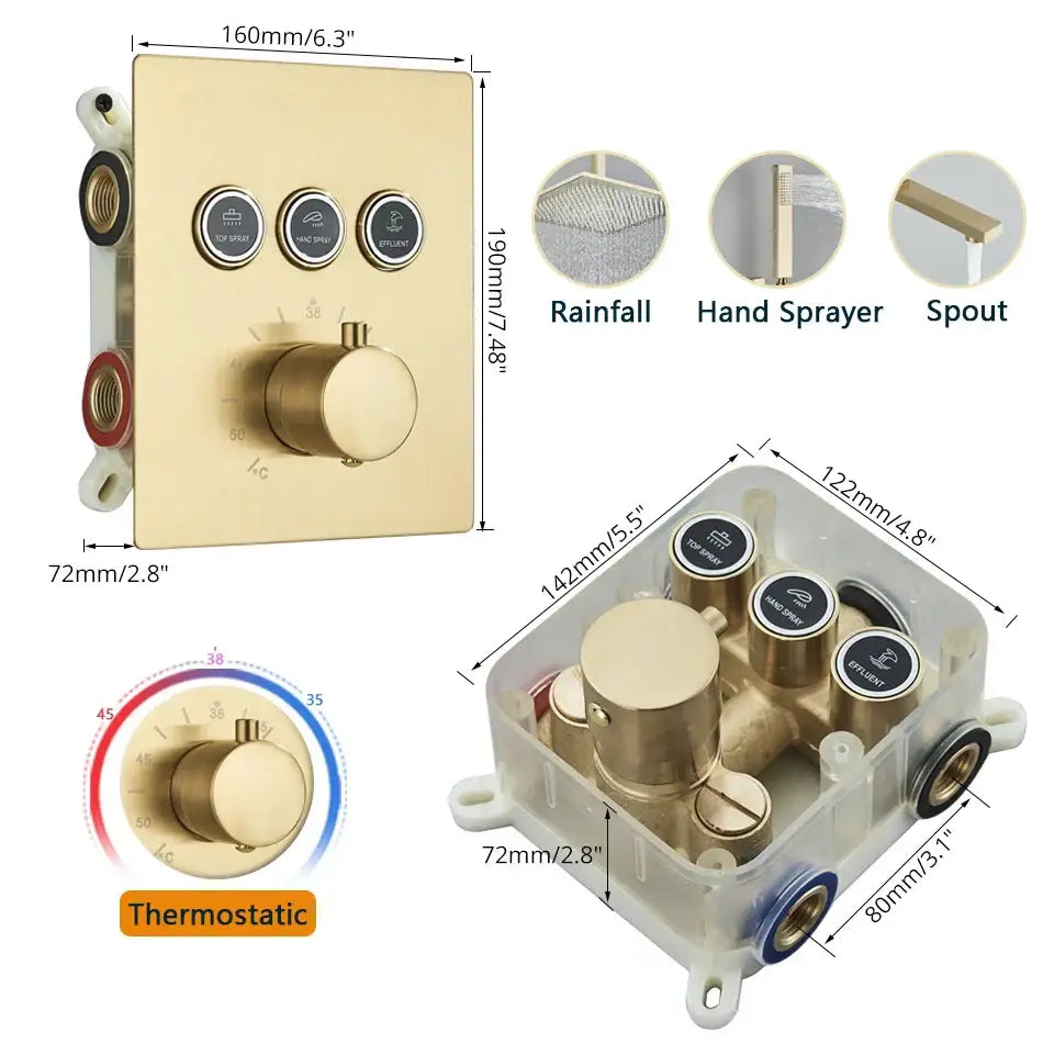 Modern gold wall-mounted shower faucet mixer set with thermostatic control rainfall hand sprayer and spout functions