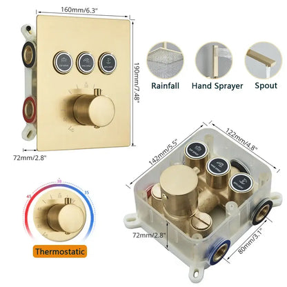 Modern gold wall-mounted shower faucet mixer set with thermostatic control rainfall hand sprayer and spout functions