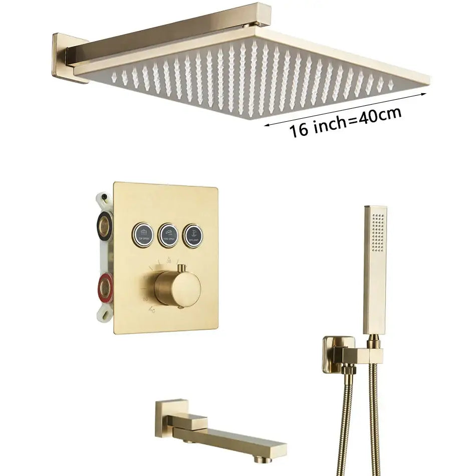 Modern gold square 16-inch rainfall shower faucet mixer set with sleek design for bathroom use