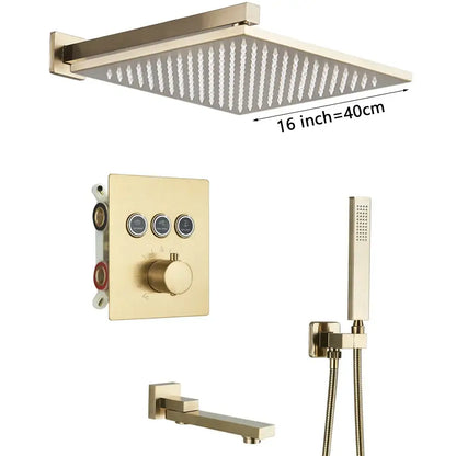 Modern gold square 16-inch rainfall shower faucet mixer set with sleek design for bathroom use