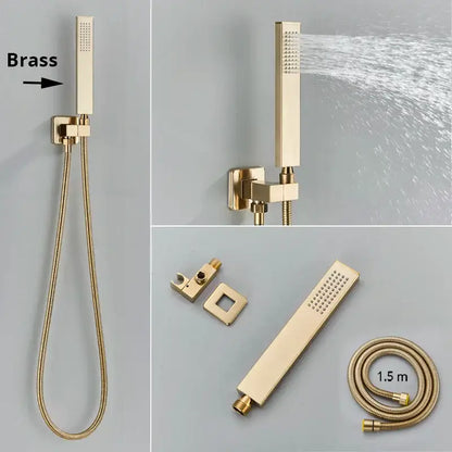 Gold-finished brass rectangular rainfall shower faucet mixer set with perforated spray face and matching wall bracket