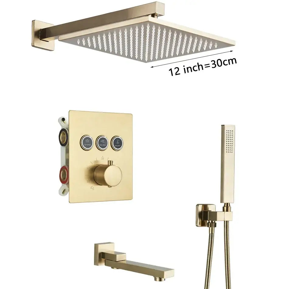 Modern gold square rainfall shower faucet mixer set with 12-inch gold finished rain shower head and textured nozzles