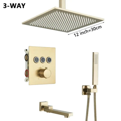 Modern gold square rainfall shower faucet mixer set with 3-way shower faucet mixer and handheld spray panel