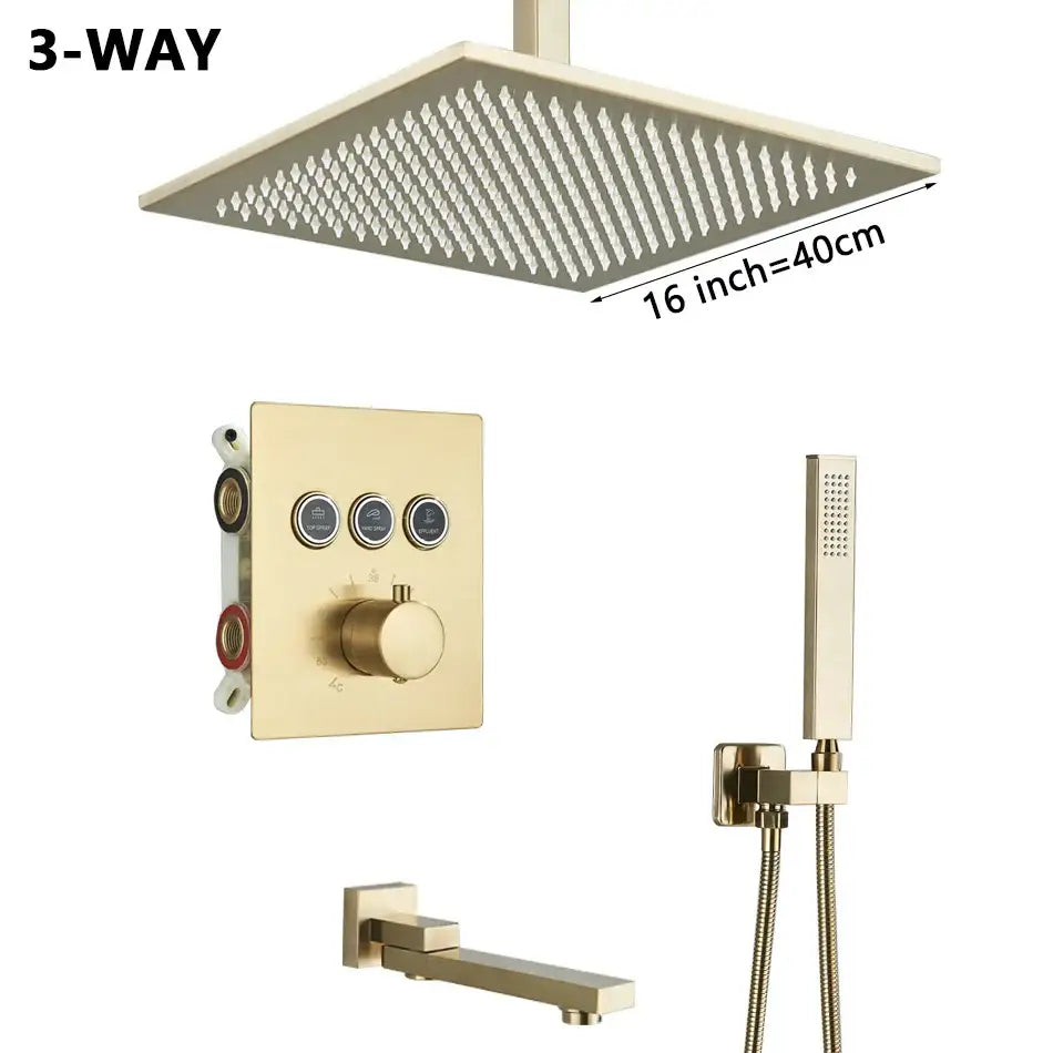 Modern gold square rainfall shower faucet mixer set with gold-finished 16-inch textured rain shower head