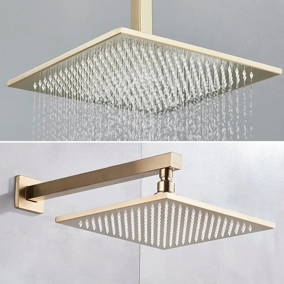 Modern gold-toned square rain shower faucet mixer set with multiple water jets and minimalist design for bathroom use